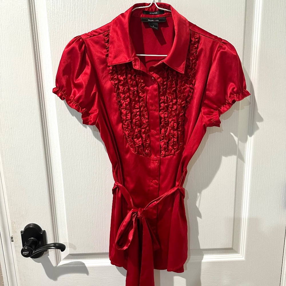 Style & Co. Red Button Down Ruffles Top With Tie Waist